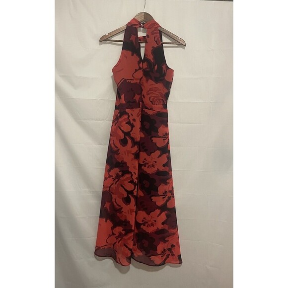 Philosophy Red Black Floral Halter Maxi Dress Size 4 Sleeveless Lined Elegant - Picture 2 of 13